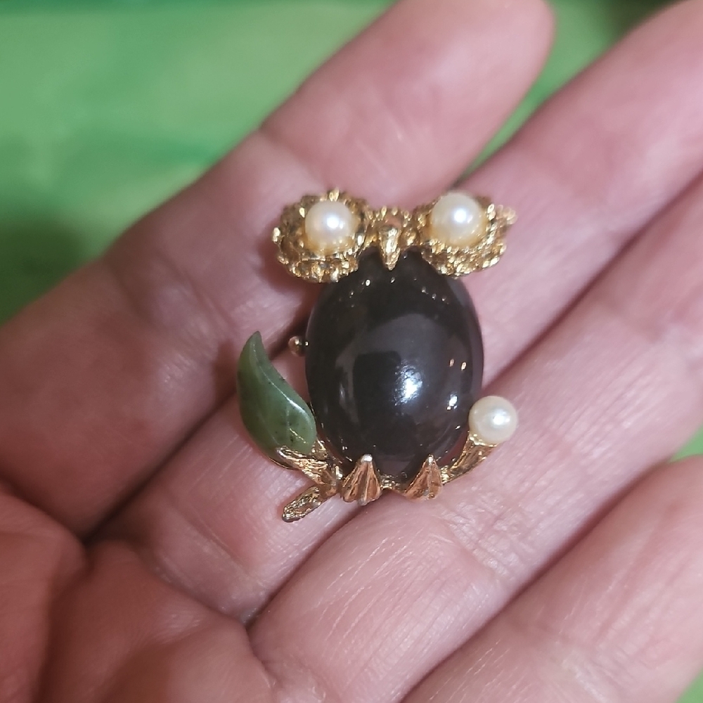 Vintage Swoboda Owl Real Pearls And Jade